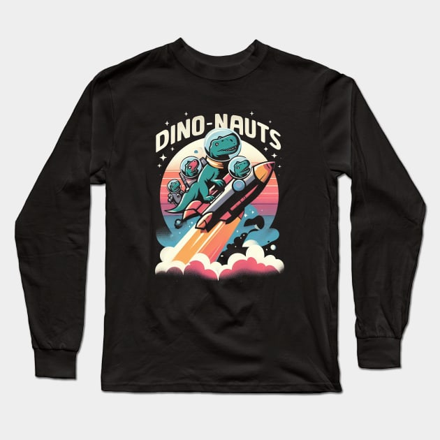 "Dino-Nauts" Dinosaurs in a Rocketship in Outer Space Long Sleeve T-Shirt by SimpliPrinter